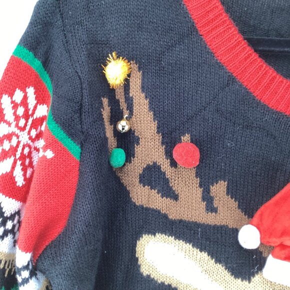 Santas Favorite Christmas Reindeer Sweater Size XXL Bells & Sequins Black Red - Picture 3 of 8